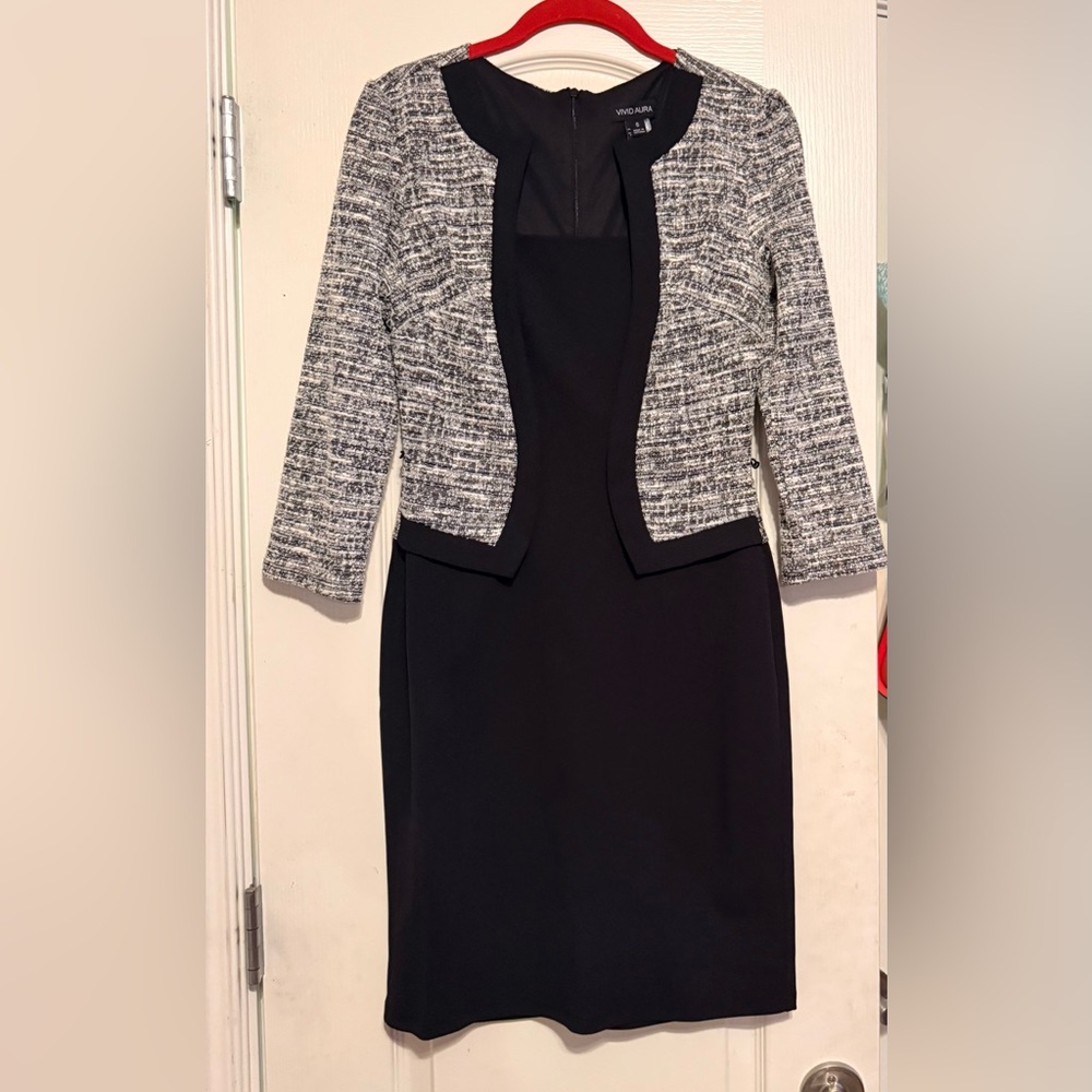 Chic Black and Gray Tweed Business Dress